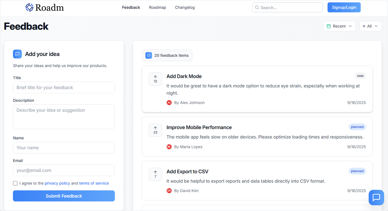 Product Roadmap & Feedback Management Interface